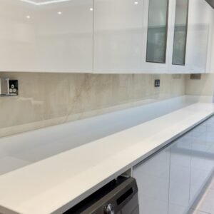 Custom printed image glass splashback in a kitchen